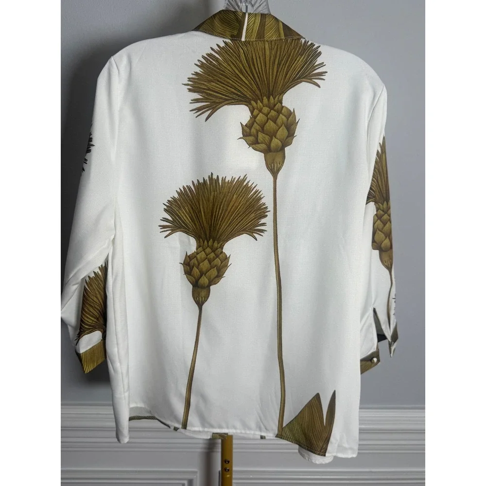 2-Piece Pant Set Women Size M White Green Botanical Thistle Tropical Loungewear
